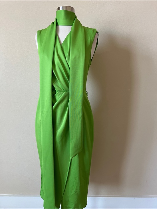 New York & Company Dresses & Skirts - New York & Company Bright Green Sleeveless Draped Midi Dress with Neck Tie
